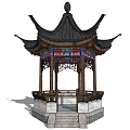 Traditional Chinese Pavilion With Wooden Structure Stone Base And Colorful Decorations