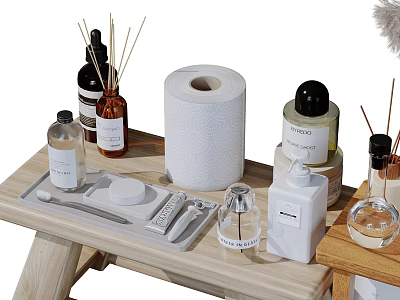 Essential Stylish Bathroom Set With Toilet Paper Aromatherapy Bottles Hand Soap Dispenser And Toiletries Tray 3d model