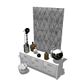White Console Sideboard With Drawers Decorative Vases Table Lamp Globe And Diamond Patterned Wall
