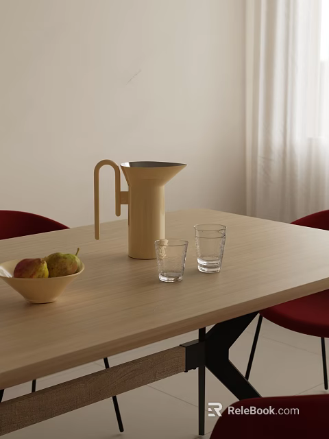 Glass Cups on Light Wooden Table with Kettle Bowl of Pears Red Chairs White Curtains 3d model 