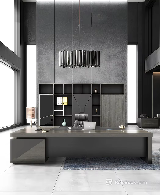 Modern Minimalist Black Desk Interior With Bookshelf Pendant Light And Large Window 3d model 