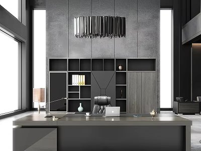 Modern Minimalist Black Desk Interior With Bookshelf Pendant Light And Large Window 3d model