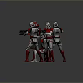 Four Red And White Clone Troopers Holding Weapons In Various Standing Poses 3d model