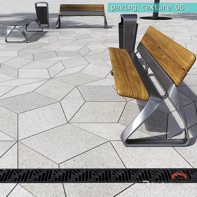 Outdoor Gray Hexagonal Patterned Ground With Wooden Bench And Metal Frame 3d model 