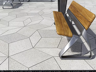 Outdoor Gray Hexagonal Patterned Ground With Wooden Bench And Metal Frame 3d model