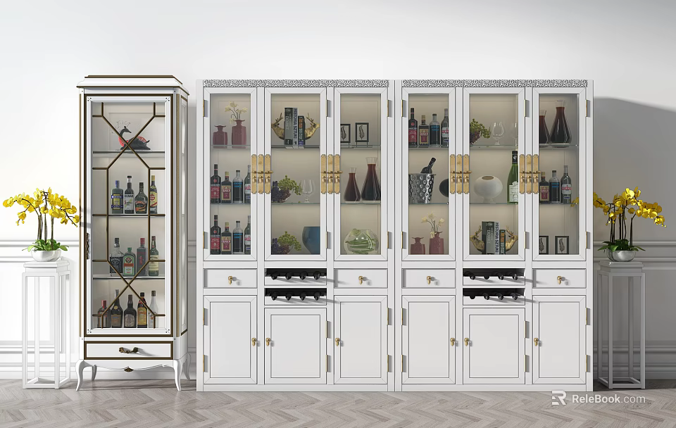 Elegant White Wine Cabinet With Glass Doors Wine Bottles And Decorative Displays 3d model 