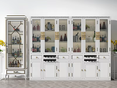 Elegant White Wine Cabinet With Glass Doors Wine Bottles And Decorative Displays 3d model