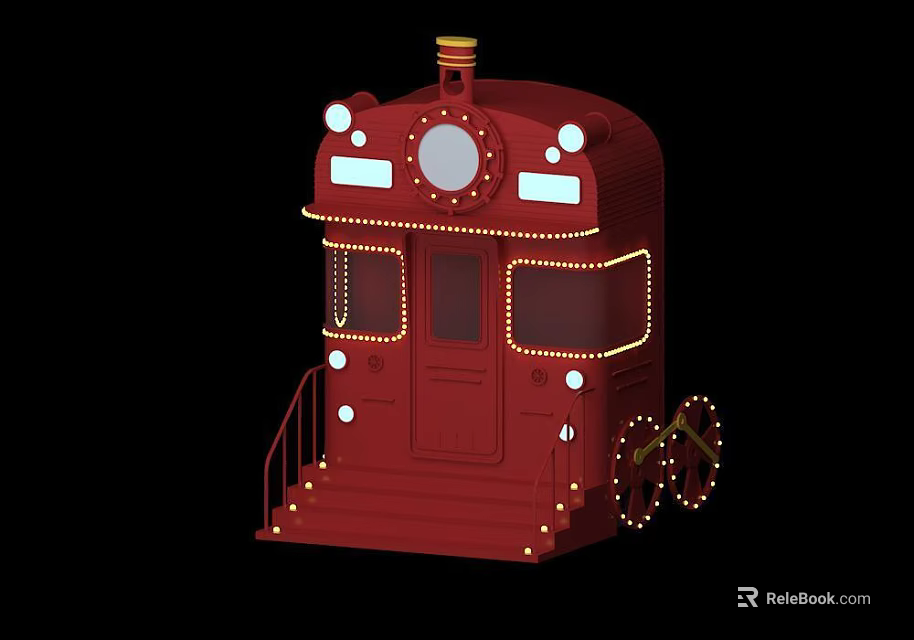 Red Vintage Train With Decorative Lights And Stairs 3d model 
