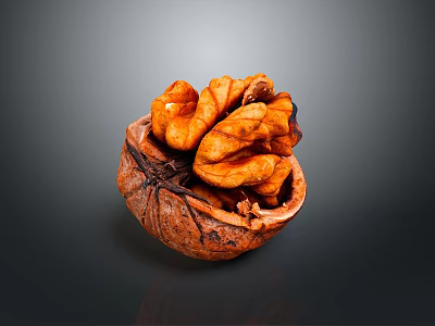 Detailed View of Opened Walnut With Orange Yellow Kernel Inside On Dark Background 3d model