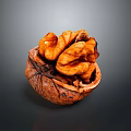 Detailed View of Opened Walnut With Orange Yellow Kernel Inside On Dark Background 3d model