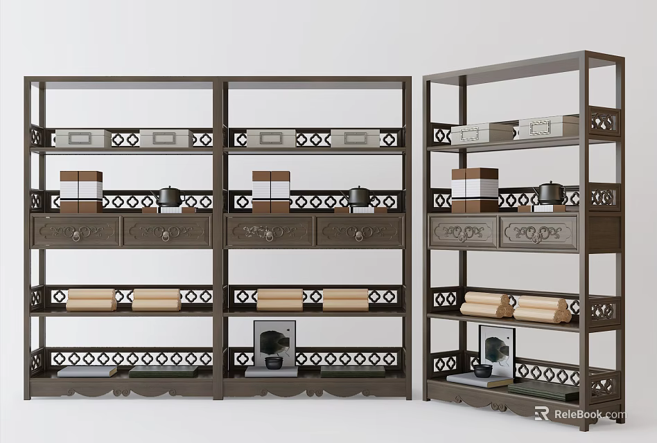 Dark Brown Decorative Bookcase With Intricate Patterns Multiple Shelves Drawers And Books 3d model 