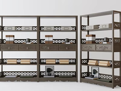Dark Brown Decorative Bookcase With Intricate Patterns Multiple Shelves Drawers And Books 3d model
