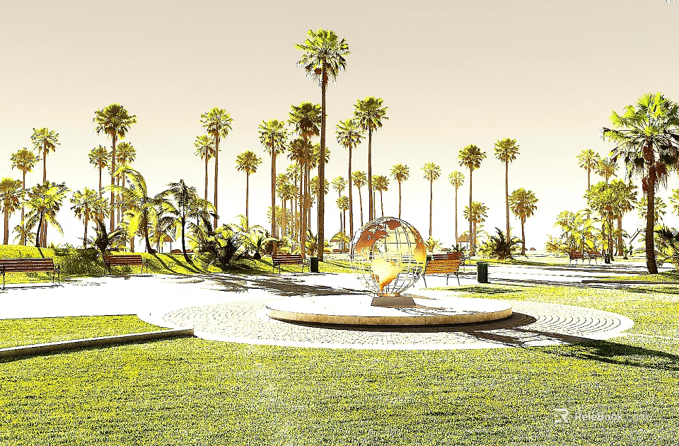 Tropical Park Landscape With Tall Palm Trees Central Golden Sphere Fountain Green Lawns And Benches 3d model 
