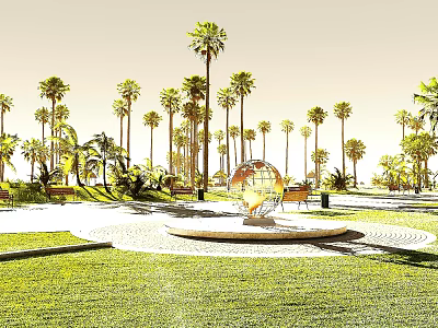 Tropical Park Landscape With Tall Palm Trees Central Golden Sphere Fountain Green Lawns And Benches 3d model