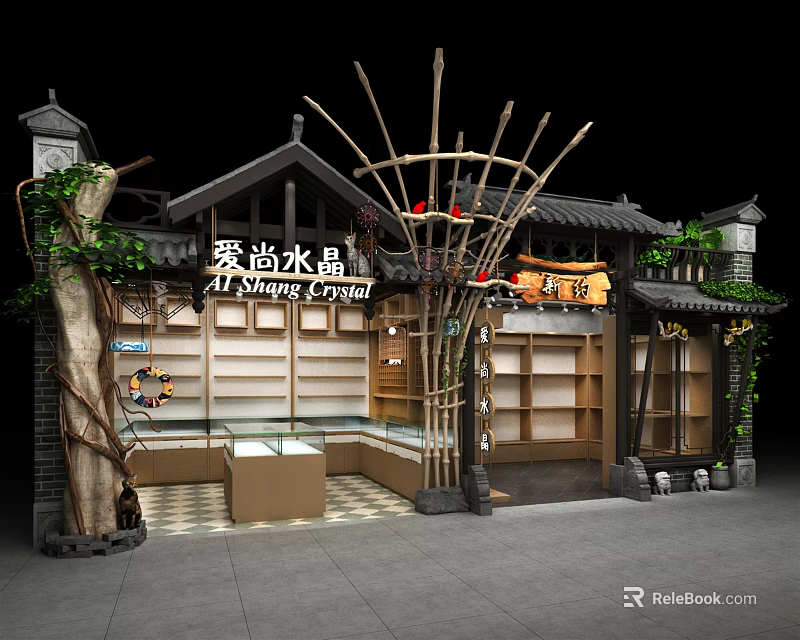 Traditional Chinese Style Mall Shop with Bamboo Structure Green Plants and Crystal Display Cabinets 3d model 