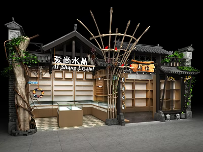 Traditional Chinese Style Mall Shop with Bamboo Structure Green Plants and Crystal Display Cabinets 3d model