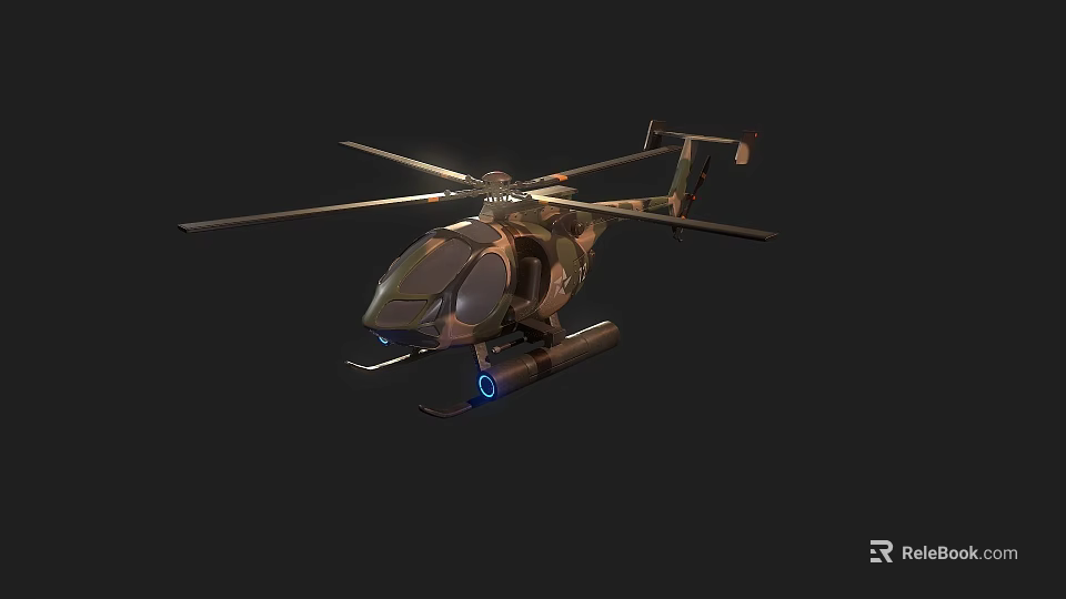 Sleek Military Helicopter Featuring Rotors Blue Lights And Weapon Systems 3d model 