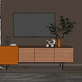 Dark Wood TV Stand With Wall Mounted TV Green Plant And Decorative Items