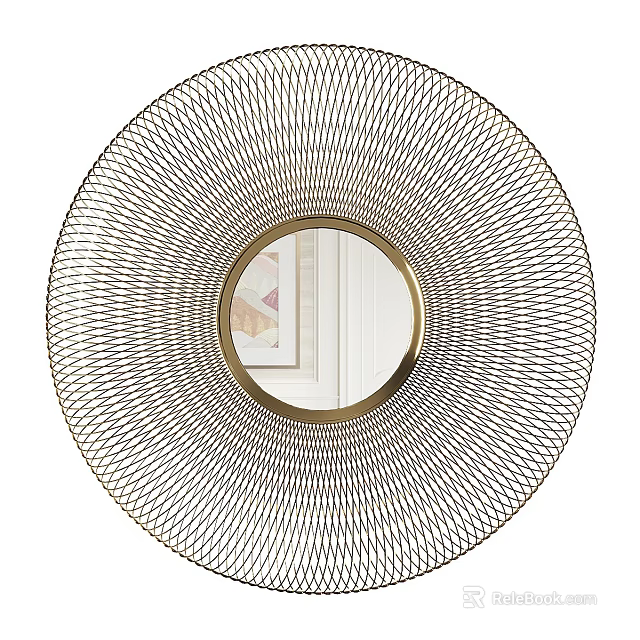 Round Decorative Mirror With Metal Mesh Frame And Gold Accent 3d model 