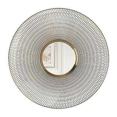 Round Decorative Mirror With Metal Mesh Frame And Gold Accent 3d model