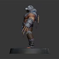 Bear Headed Warrior Character With Muscular Body Fur Armor And Claw Weapons On Display Stand