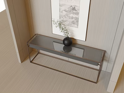 Modern Entryway Console Table With Glass Top Metal Frame Decorative Vase And Green Plant 3d model