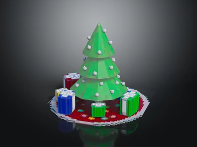 Green Decorated Christmas Tree With Colorful Gift Boxes On Red Base 3d model