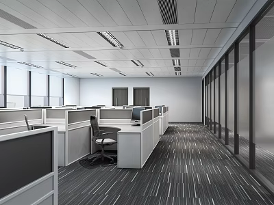 Public Office Space With Cubicles Ergonomic Chairs Computers Ceiling Lights And Striped Carpet 3d model