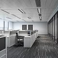 Public Office Space With Cubicles Ergonomic Chairs Computers Ceiling Lights And Striped Carpet