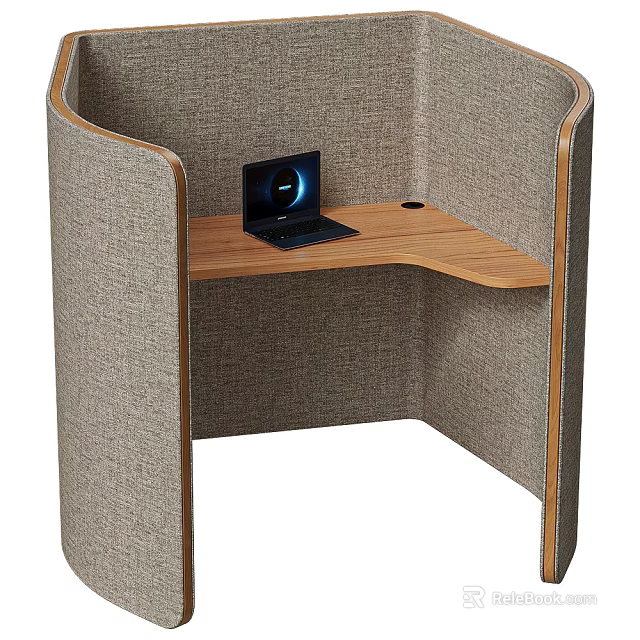 Modern Office Desk With Fabric Partition Wooden Top And Laptop 3d model 