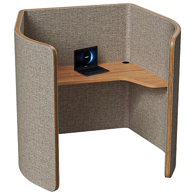 Modern Office Desk With Fabric Partition Wooden Top And Laptop 3d model