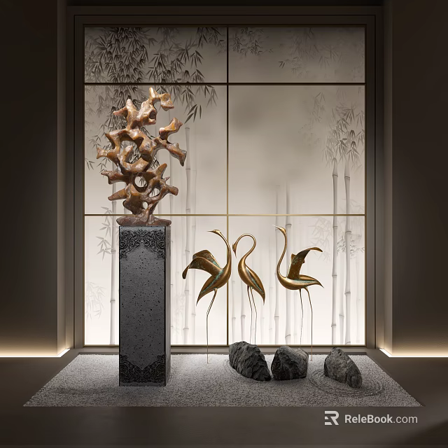 Elegant Ornament Decoration Set With Tree Shaped Sculpture Crane Figurines Stones And Bamboo Pattern Screen 3d model 