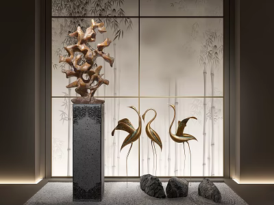 Elegant Ornament Decoration Set With Tree Shaped Sculpture Crane Figurines Stones And Bamboo Pattern Screen 3d model