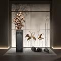 Elegant Ornament Decoration Set With Tree Shaped Sculpture Crane Figurines Stones And Bamboo Pattern Screen