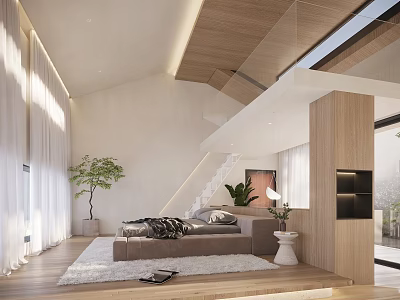 Bright Hotel Guest Room Featuring Wooden Ceiling Glass Partition Large Windows And Potted Plant 3d model