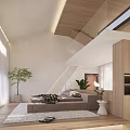 Bright Hotel Guest Room Featuring Wooden Ceiling Glass Partition Large Windows And Potted Plant
