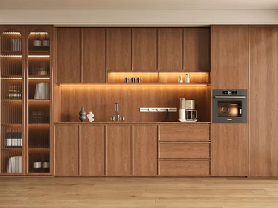 Modern Wooden Built-in Wine Cabinet In Kitchen With Cabinets Countertop And Lighting 3d model