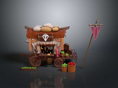 Traditional Vendor Cart With Stone Topped Canopy Wooden Wheels Bottles Fruit Baskets And Pink Flag 3d model