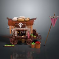 Traditional Vendor Cart With Stone Topped Canopy Wooden Wheels Bottles Fruit Baskets And Pink Flag