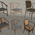 Various Design Dining Chairs With Wooden Frames Woven Seats And Backrests 3d model