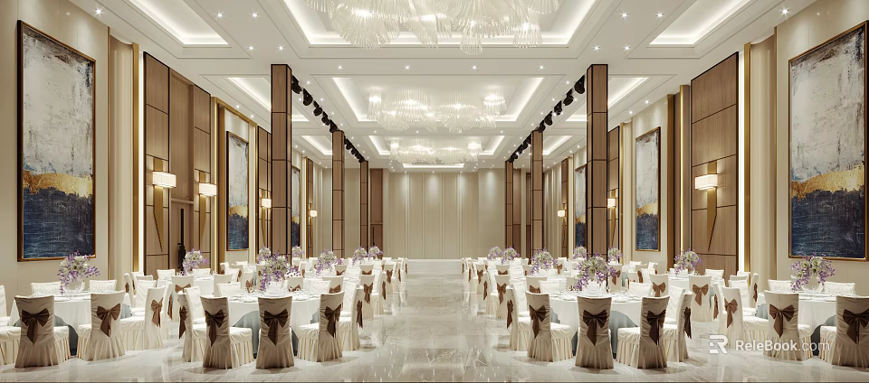Elegant Modern Banquet Hall Interior With Chandeliers Tables Chairs And Decorative Paintings 3d model 