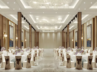 Elegant Modern Banquet Hall Interior With Chandeliers Tables Chairs And Decorative Paintings 3d model