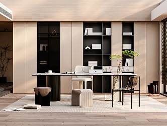 Study Marble Office Desk Chair Bookshelf Carpet Green Plant Notebook Magazine 3d model