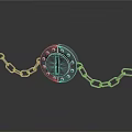 Metal Lock With Circular Dial And Shiny Chain Links On Gray Reflective Background