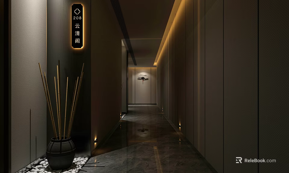 Modern Elevator Hallway Interior With Ambient Lighting Decorative Vase And Pebbles 3d model