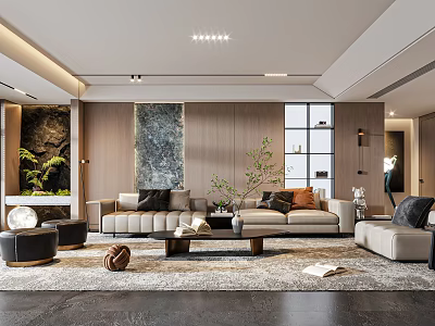 Modern Living Room Interior Design With Light Sofa Wooden Panel Backdrop And Gray Stone Accent 3d model