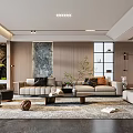 Modern Living Room Interior Design With Light Sofa Wooden Panel Backdrop And Gray Stone Accent