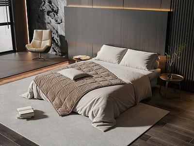 Modern Bedroom Interior With Gray Tones Comfortable Bed Accent Chair And Soft Rug 3d model