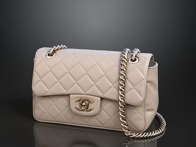 Elegant Beige Quilted Handbag with CC Logo and Chain Strap Design 3d model
