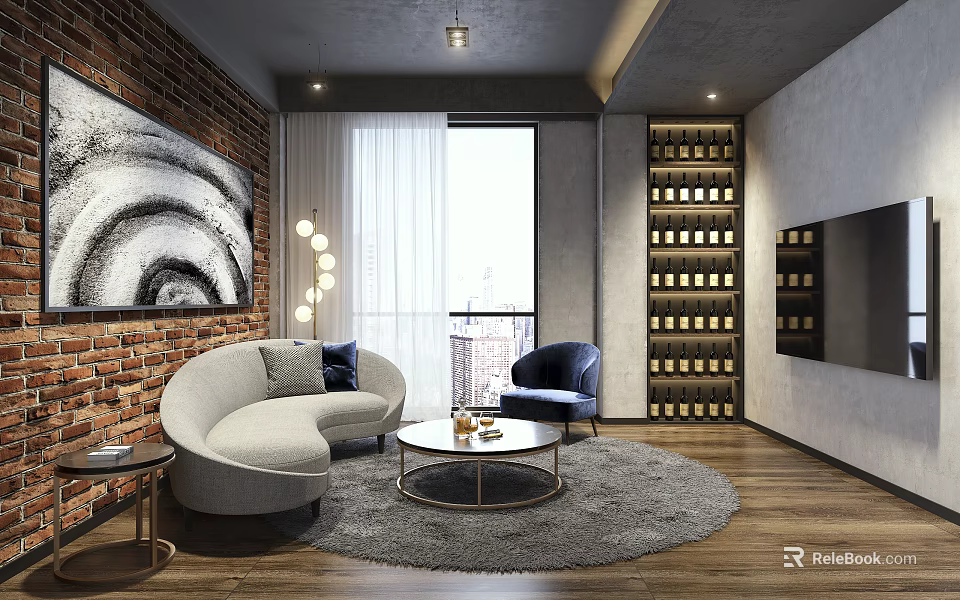 Modern Wine Cellar Interior With Brick Wall Wine Racks Bottles Sofa And Large Window 3d model 